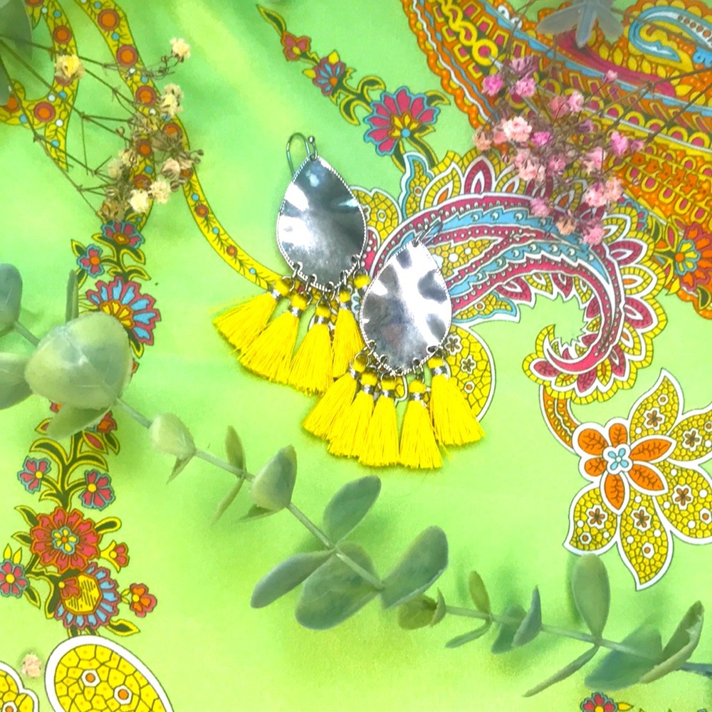 Silver and yellow tassel earrings